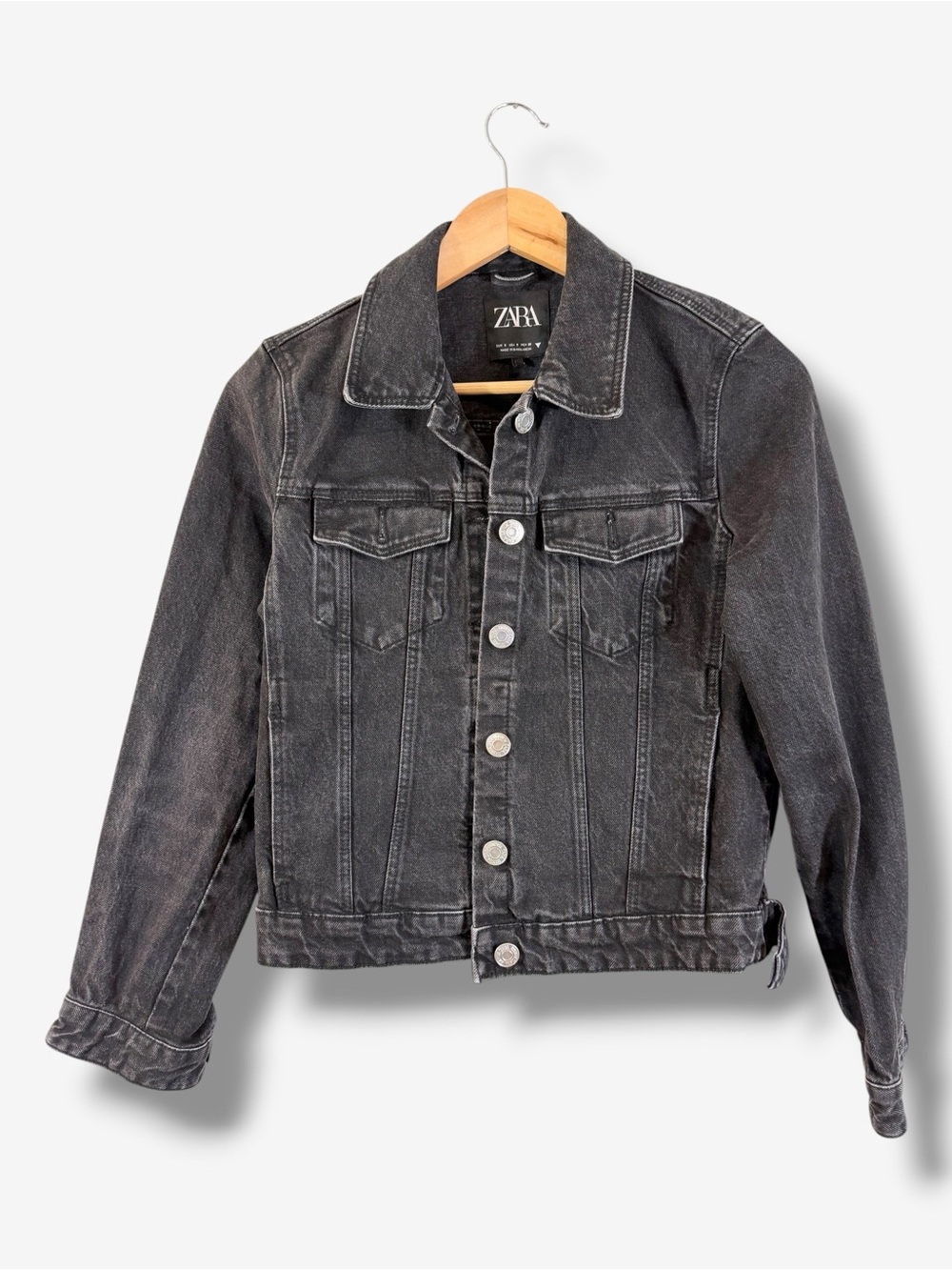 Zara Washed Black Denim Jean Jacket Size S Trucker Biker Moto Casual Grunge Punk